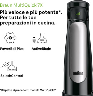 Braun Multiquick7 MQ7087X, Minipimer Frullatore ad Immersione, Dotato di Ciotola Robot da 1,5L, Disco Patatine, Frusta a Filo, Schiacciapatate, Minitritatutto 350ml, e Bicchiere