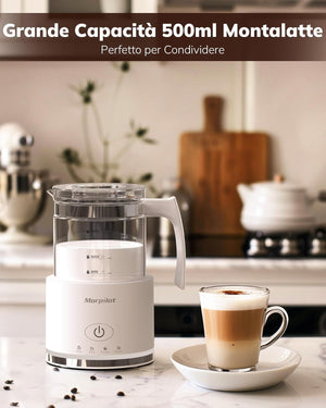 Montalatte Elettrico, Morpilot Milk Frother in Vetro, Spegnimento Automatico, 4 in 1 Funzione, Capacità 250ml Cappuccino o 500 ml Latte Caldo, Design Diviso, Bianco