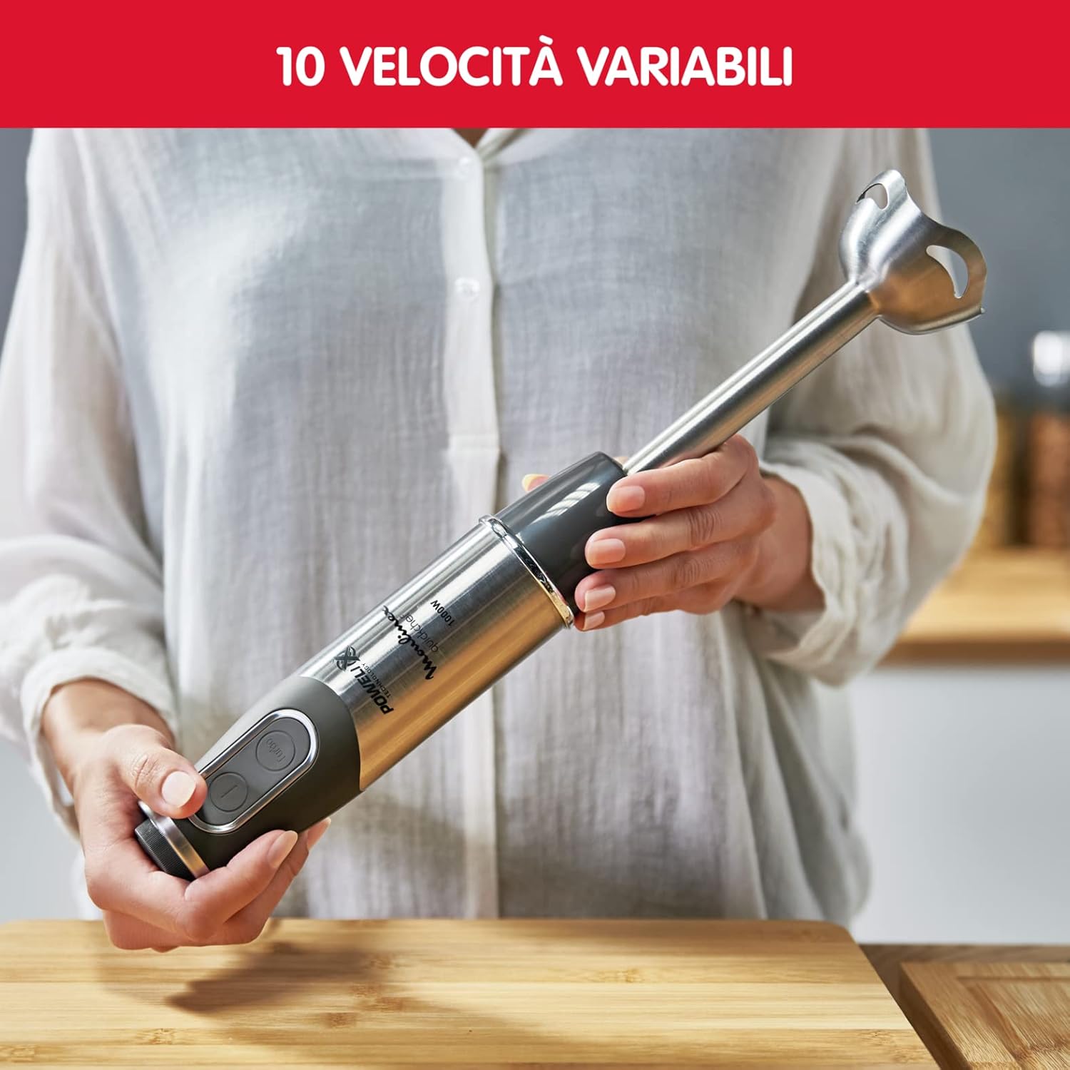 Moulinex DD6578 Quickchef 2in1 Frullatore a Immersione, 1000 W, Mixer con Tecnologia Powelix e 10 Velocità, 2 Accessori, Bicchiere 800 ml e Tritatutto 500 ml, Lame in Acciaio Inossidabile
