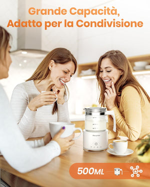 Morpilot Montalatte Elettrico, Montalatte Elettrico in Vetro, 4 in 1 Funzione, Grande Capacità 500 ml, Design Diviso, Adatto per Caffè, Latte Caldo, Cappuccino, Macchiato,ecc.