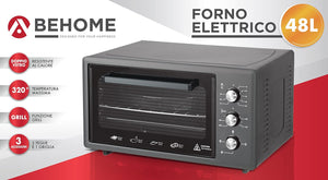 BEHOME Forno Elettrico Ventilato 48 litri con Girarrosto, Autopulente e Smaltato, Temperatura fino a 320° Doppio Vetro con Luce Interna e Timer 2 Teglie e 1 Griglia (Grigio)