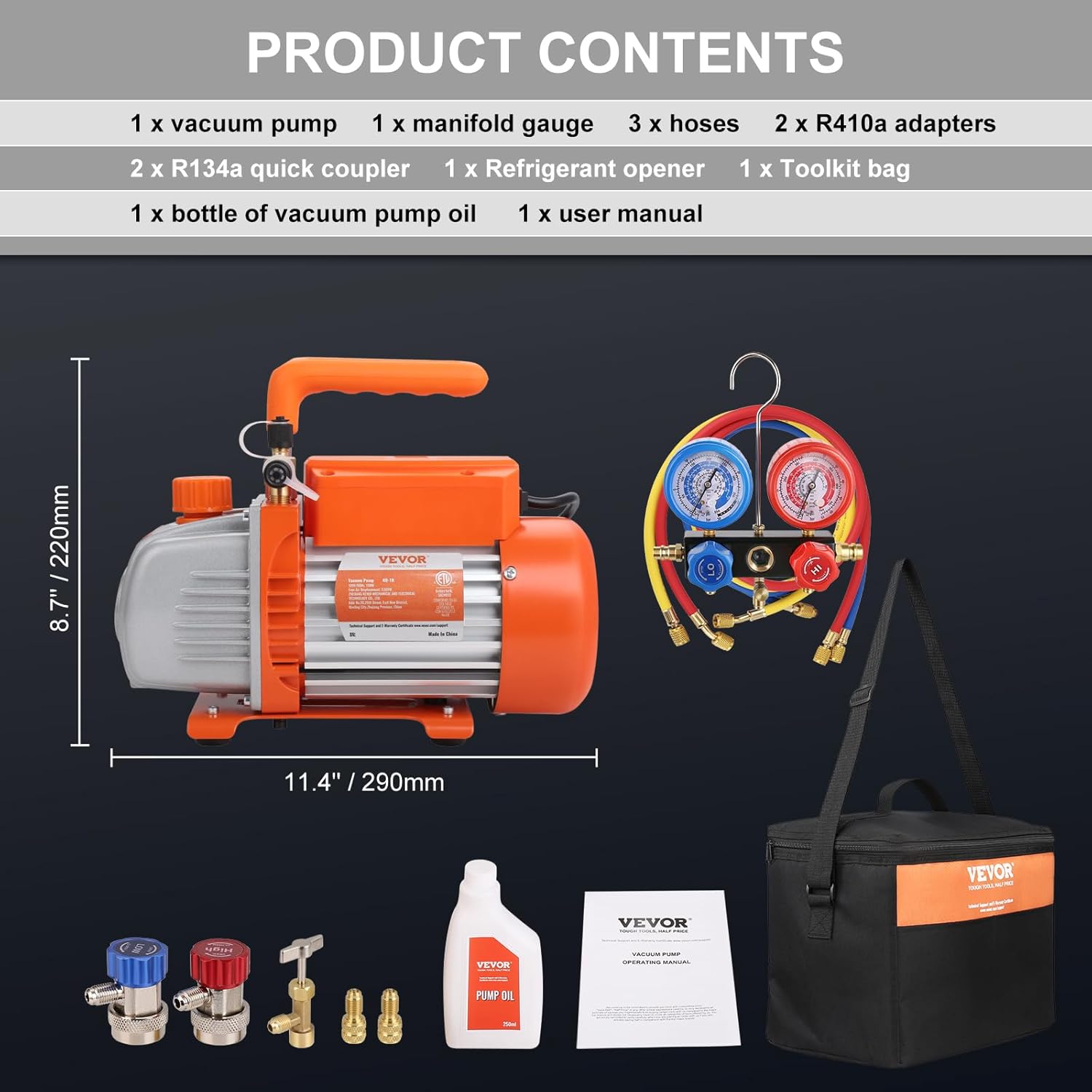 VEVOR Kit Pompa a Vuoto Monostadio per Aria Condizionata di Automobili 150W Pressione tra 55-276 Bar, Kit Pompa Vuoto 100 L/min per Riparazione di Condizionatore Frigo Refrigeranti HVAC