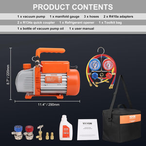 VEVOR Kit Pompa a Vuoto Monostadio per Aria Condizionata di Automobili 150W Pressione tra 55-276 Bar, Kit Pompa Vuoto 100 L/min per Riparazione di Condizionatore Frigo Refrigeranti HVAC