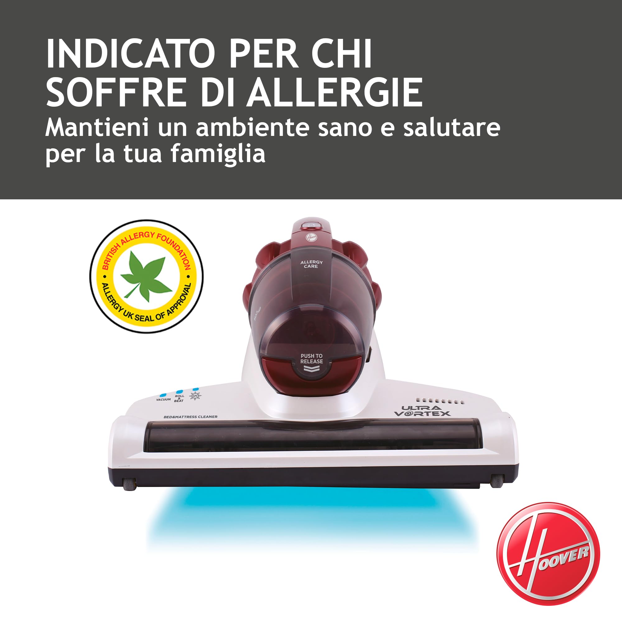 Hoover Ultra Vortex MBC500UV 011 Battimaterasso con Luce UV-C, 500W, 0,3 L, Antiacaro, Antibatterica, Rimuove Allergeni e Polvere, 3 Programmi, Rosso