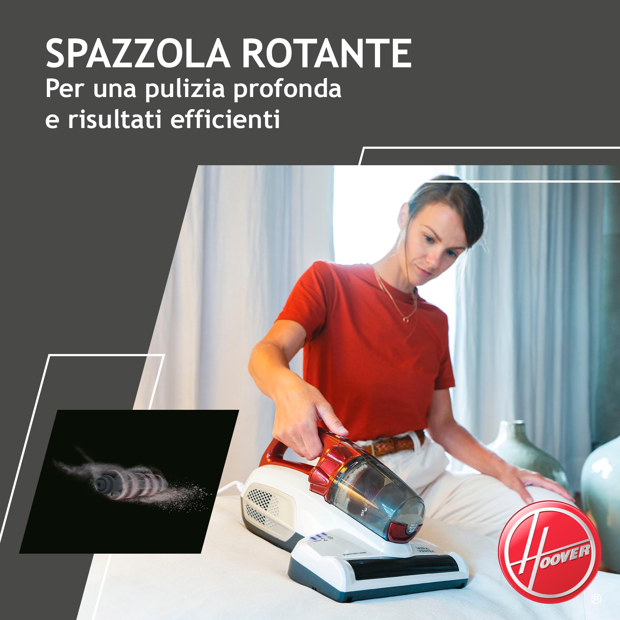 Hoover Ultra Vortex MBC500UV 011 Battimaterasso con Luce UV-C, 500W, 0,3 L, Antiacaro, Antibatterica, Rimuove Allergeni e Polvere, 3 Programmi, Rosso