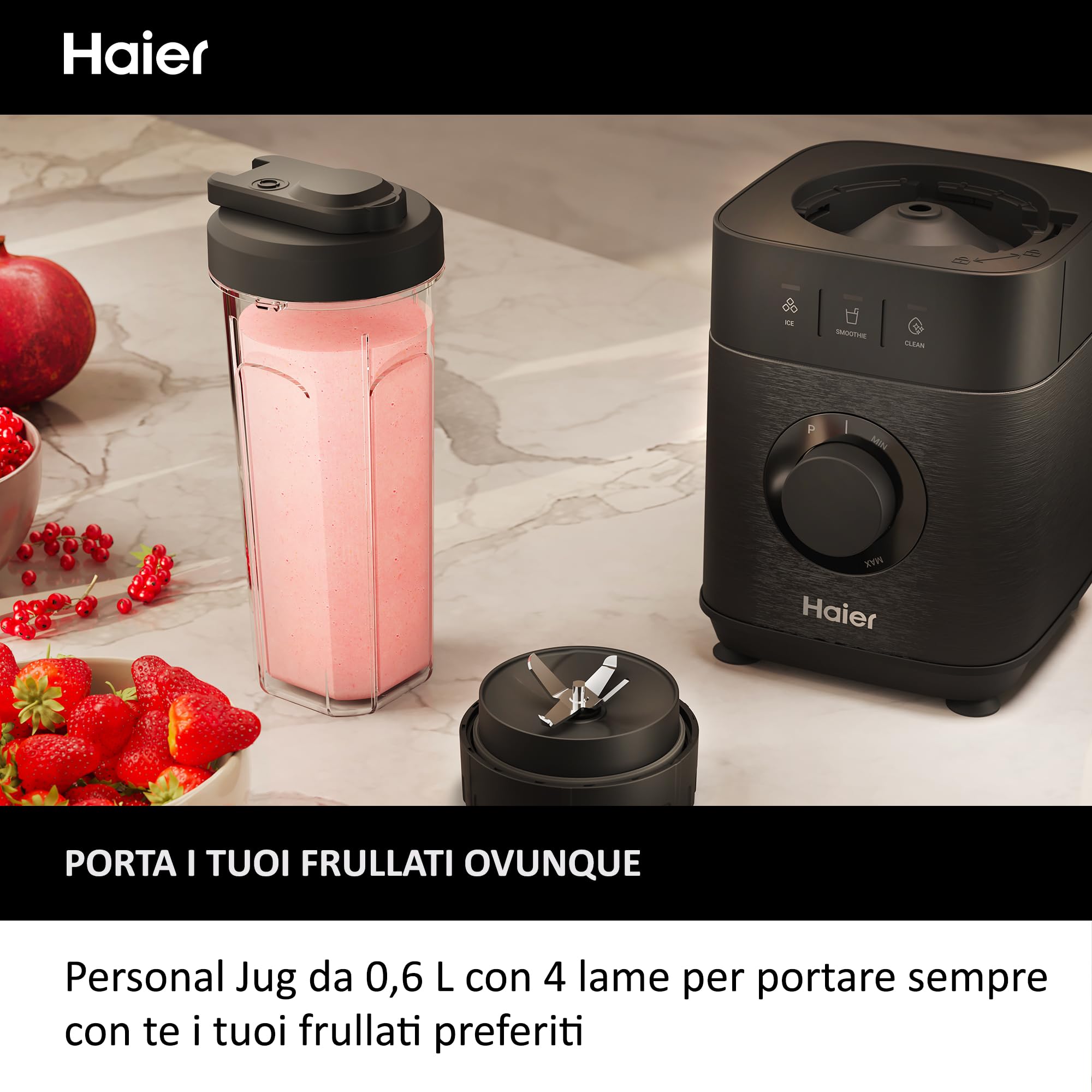 Haier Frullatore I-Master Serie 5, Funzione Ice Crush, Smoothie, 5 velocità variabili, pulizia automatica, caraffa in vetro da 1,7 L, Personal Jug 0,6 1200 W [Nero]