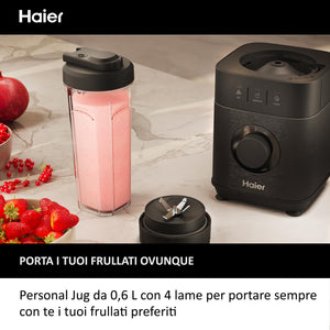 Haier Frullatore I-Master Serie 5, Funzione Ice Crush, Smoothie, 5 velocità variabili, pulizia automatica, caraffa in vetro da 1,7 L, Personal Jug 0,6 1200 W [Nero]