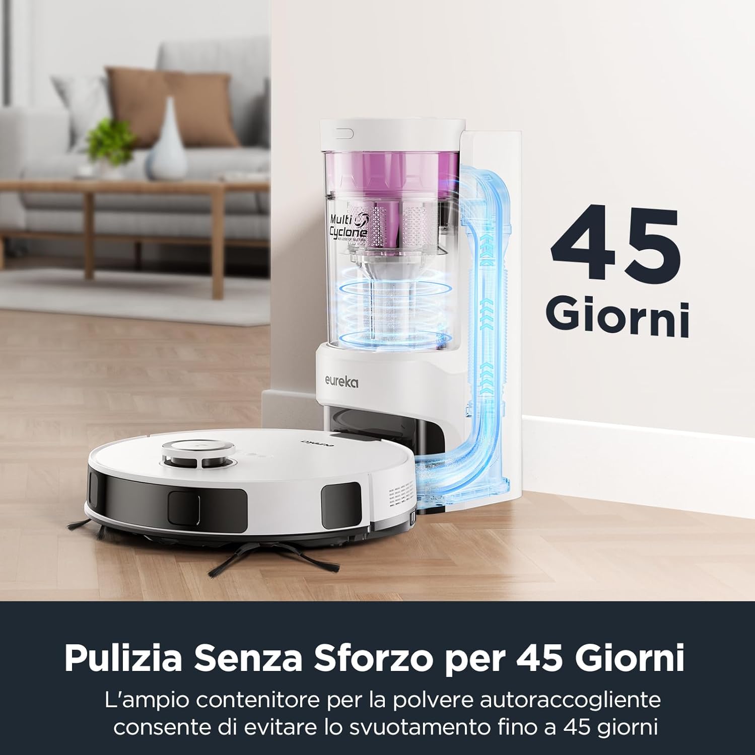EUREKA NERE10s Robot Aspirapolvere Lavapavimenti con Stazione, Pulizia Senza Sforzo per 45 Giorni, 4000Pa, Raccolta Automatica della Polvere, Autonomia 180min, Navigazione con LiDAR, WiFi/APP