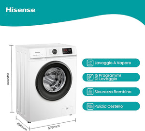 Hisense WFVB7012EM - Lavatrice a Carica Frontale 7 Kg, 1200 rpm, 15 Programmi, Vapore, Display LED, Programma Rrapido, Partenza Ritardata, Child Lock