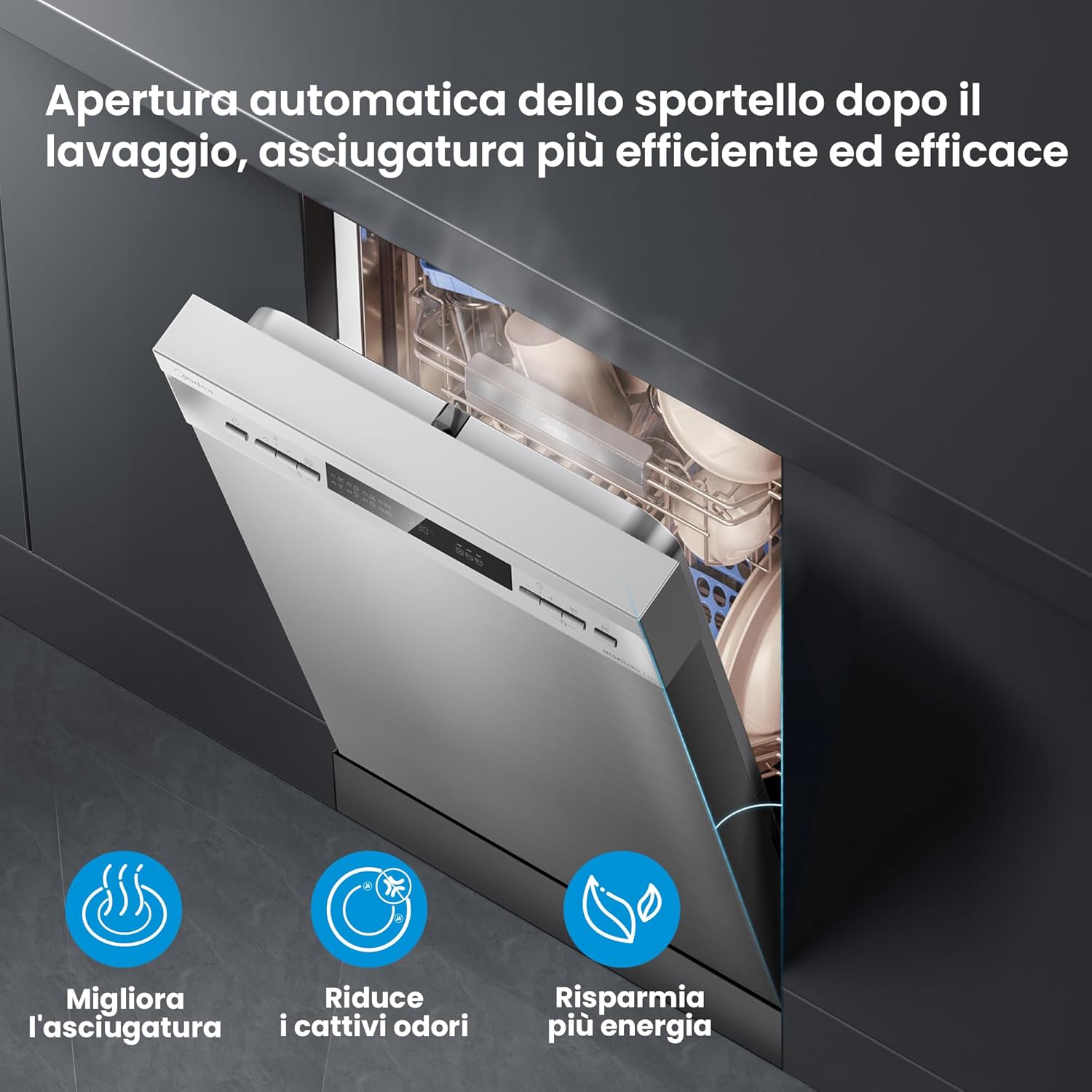 Midea MFD45S200X.1-IT Lavastoviglie Libera Installazione con 10 coperti, 8 Programmi, Display a LED, Partenza Ritardata, Funzione di Mezzo Carico, Asciugatura Extra - Inox