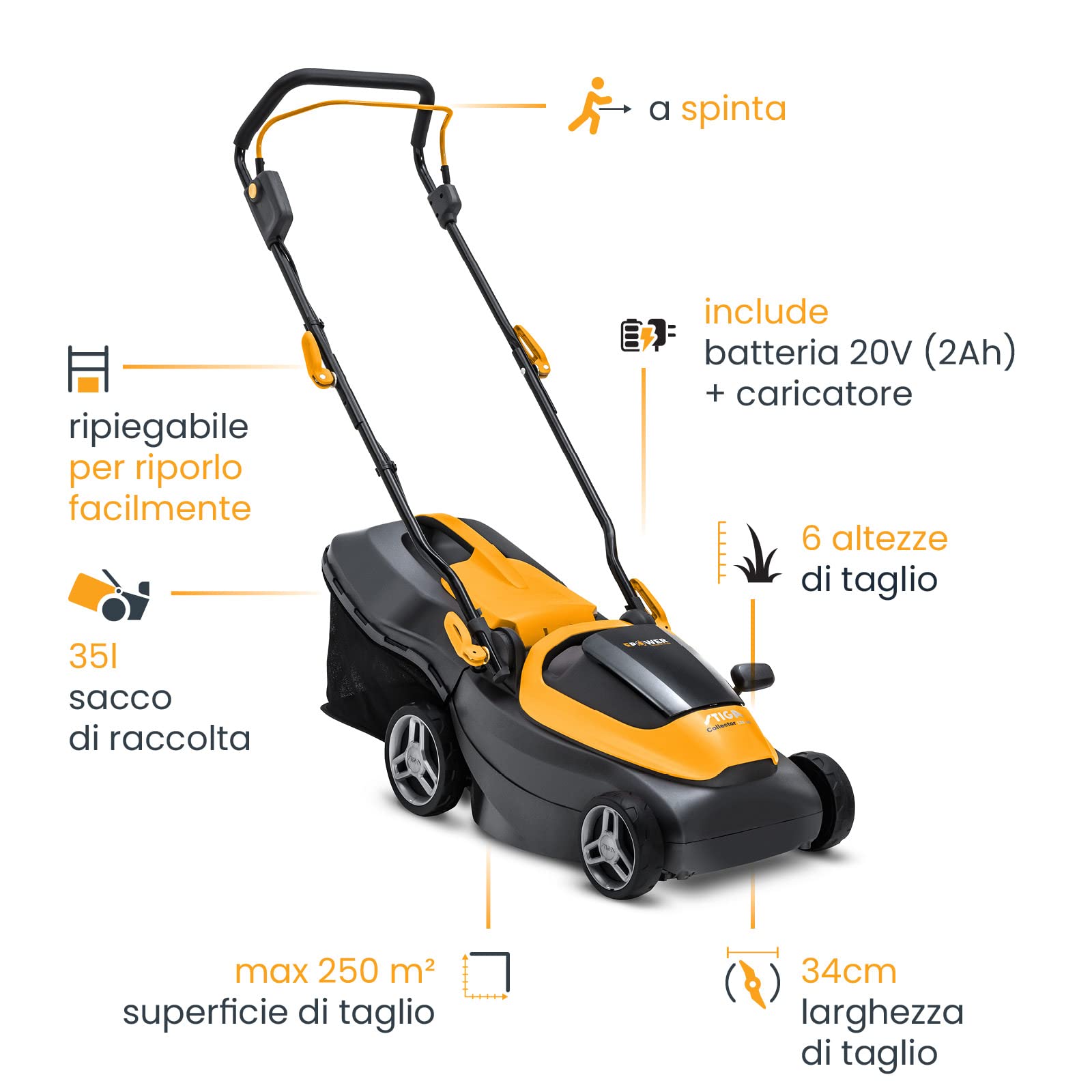 Stiga Tagliaerba a Batteria Collector 136e Kit, Per Giardini Fino a 250 m², Larghezza Taglio 34 cm, Batteria ePower da 20 V (2 x 2 Ah), 550 W, 2 Batterie e Caricatore Inclusi, giallo