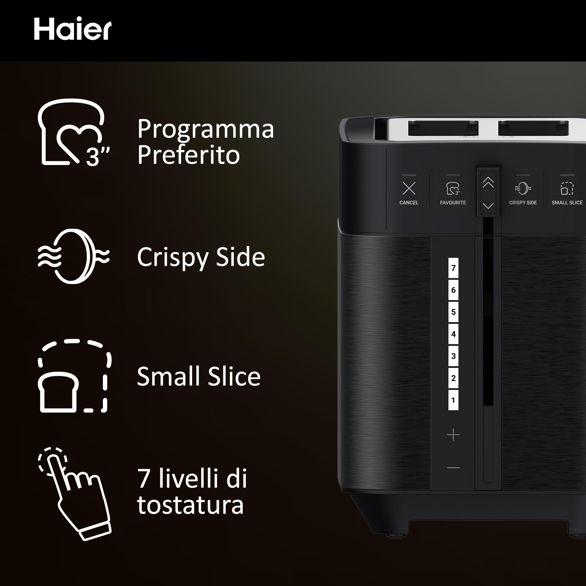 Tostapane I-Master Serie 5 Haier, Acciaio Inossidabile, 2 Fessure Profonde, Leva High Lift, Programmi Dedicati, 1150 W [Nero]