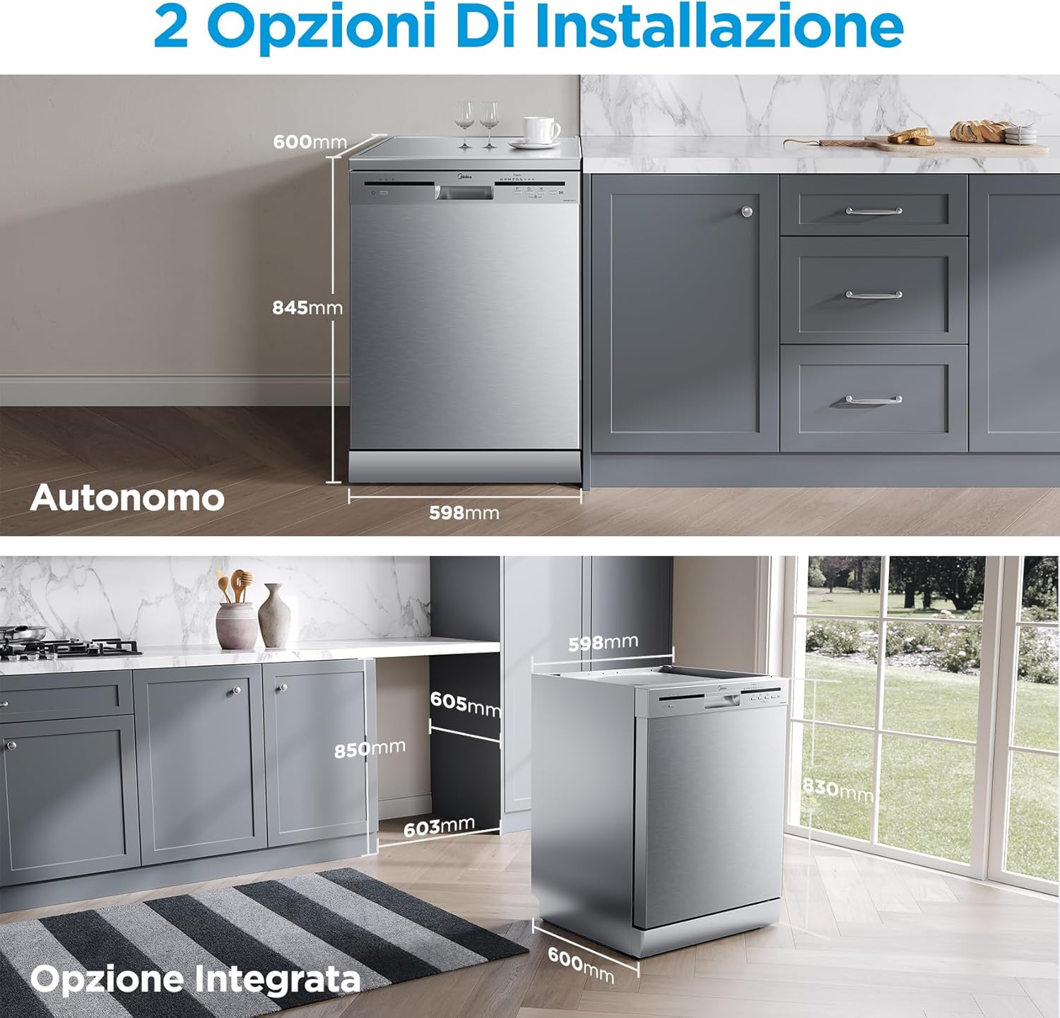 Midea MFD60S121X-IT Lavastoviglie Libera Installazione con 12 coperti, 6 Programmi, Partenza Ritardata, Funzione di Mezzo Carico, 60 cm - Inox