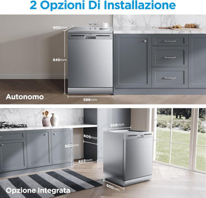 Midea MFD60S121X-IT Lavastoviglie Libera Installazione con 12 coperti, 6 Programmi, Partenza Ritardata, Funzione di Mezzo Carico, 60 cm - Inox