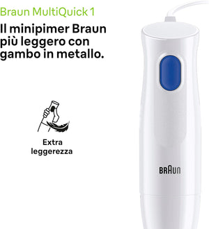 Braun MultiQuick 1 MQ10.201MWH con 5 ANNI DI ASSISTENZA, Frullatore ad Immersione Leggero, Tecnologia EasyTwist, Tritatutto da 350ml e Bicchiere da 600ml Inclusi, 450W, Bianco