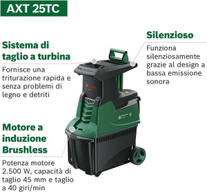 Bosch Home and Garden Biotrituratore a turbina AXT 25 TC (2500 W; idoneo per legno e residui resistenti; cesto di raccolta integrato da 53 l; in confezione cartone)