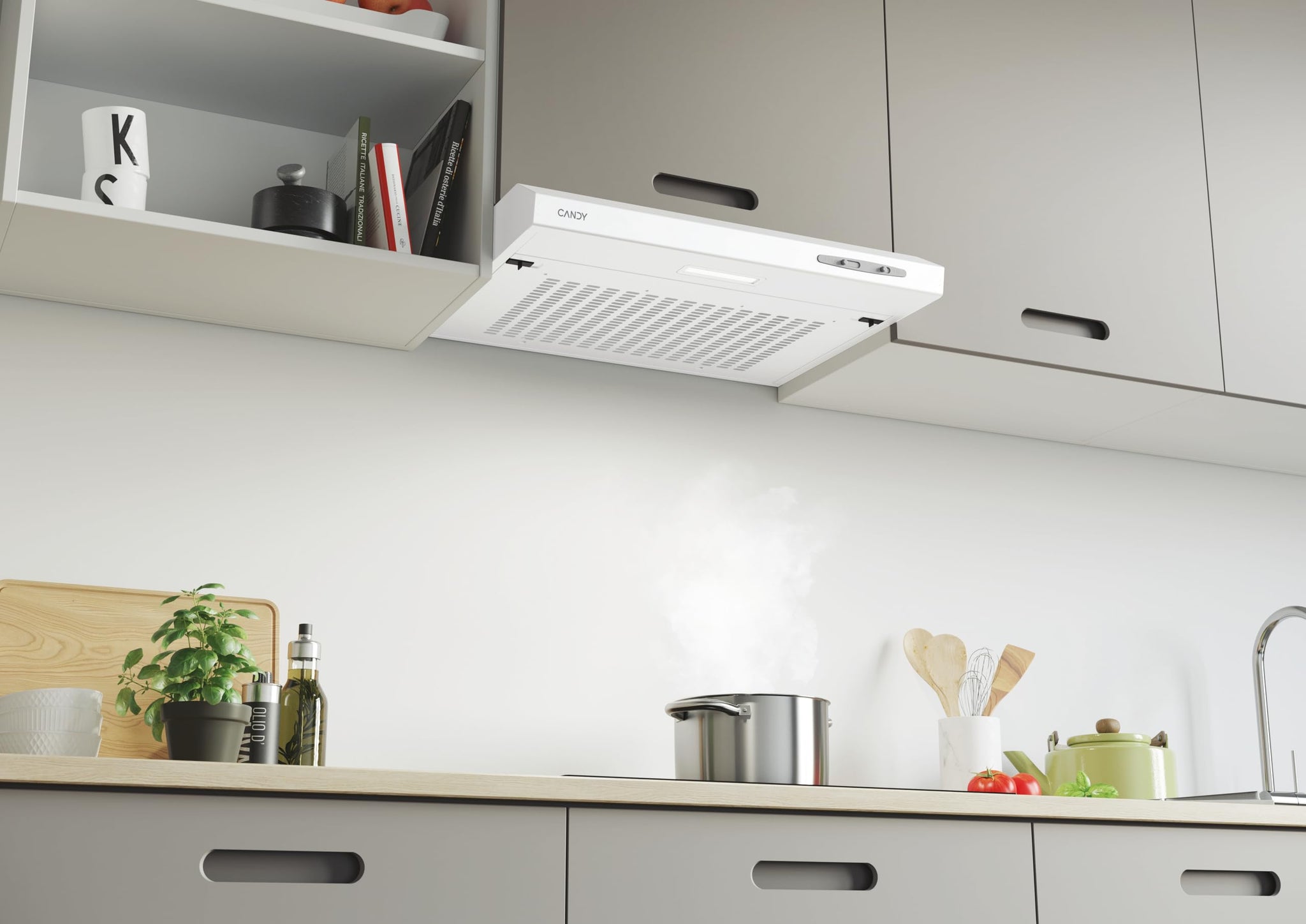 Candy CFT610/4W, Cappa aspirante 60 CM, 3 Livelli di Potenza, 87,5 W, 208 M3/H, Filtri al Carbonio, Pannello Alluminio Antigasso, Illuminazione a LED, 55/71 Db, Classe C, Bianco