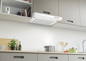 Candy CFT610/4W, Cappa aspirante 60 CM, 3 Livelli di Potenza, 87,5 W, 208 M3/H, Filtri al Carbonio, Pannello Alluminio Antigasso, Illuminazione a LED, 55/71 Db, Classe C, Bianco