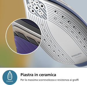 Philips Ferro da stiro con Generatore di Vapore Serie 3000, 2400W, 120g/min di Vapore Continuo, Colpo Vapore da 350g, 6 Bar, Vapore Verticale, Piastra in Ceramica, Azzurro Intenso (PSG3000/20)