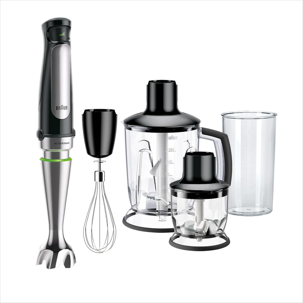 Braun MQ7045X MultiQuick7 Minipimer con 5 ANNI DI ASSISTENZA, Frullatore ad Immersione dotato di Tritaghiaccio/Tritatutto 1,25L, frusta a filo, Mini-Tritatutto 350ml, bicchiere graduato 600ml, 1000W