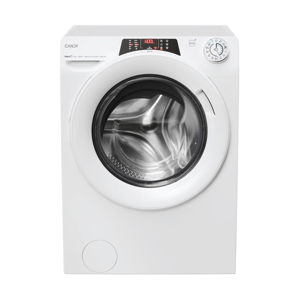 Candy RapidO RO 1284DWMT/1-S Lavatrice 8 KG, 1200 RPM, Schermo Smart Text, Pannello Smart Touch, Wi-Fi, Snap & Wash, 16 cicli, 9 rapidi, motore inverter, funzione vapore, avvio ritardato 24H, 74 DB,
