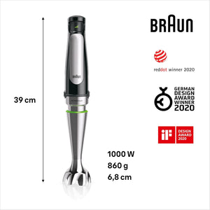 Braun MultiQuick7 MQ7035X 5 ANNI DI ASSISTENZA, Minipimer Frullatore Immersione, Dotazione Frusta a Filo, Tritatutto da 500ml, Bicchiere Graduato da 600ml, 1000W, Tecnologia Tedesca, Nero