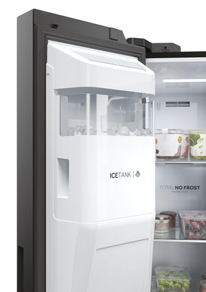 Haier Side by Side 90 SERIE 5 Frigorifero Frigorifero/Total No Frost/Smart HON-App/Humidity Zone/XXL Contenuto utile/Silenzioso solo 36 dB (A) / Distributore di acqua e cubetti di ghiaccio / Acciaio inossidabile nero