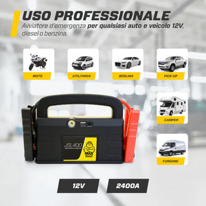 MAXTOOLS JSL400 Avviamento d’Emergenza Professionale per Automobile 2400 A per Veicoli Diesel e a Benzina di Grandi Dimensioni, Potente e Sicuro a 12 V, Batteria al Litio Esterna con USB
