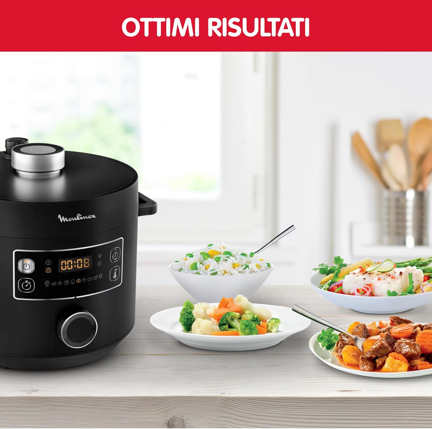 Moulinex CE7548 Turbo Cuisine Multicooker Veloce, 5 Litri, Pentola a Pressione Elettrica, Robot da Cucina Multifunzione con Tecnologia Spherical Bowl, 10 Programmi di Cottura Automatici e Ricettario