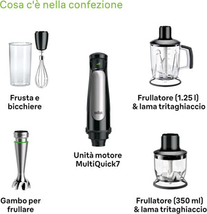 Braun MQ7045X MultiQuick7 Minipimer con 5 ANNI DI ASSISTENZA, Frullatore ad Immersione dotato di Tritaghiaccio/Tritatutto 1,25L, frusta a filo, Mini-Tritatutto 350ml, bicchiere graduato 600ml, 1000W
