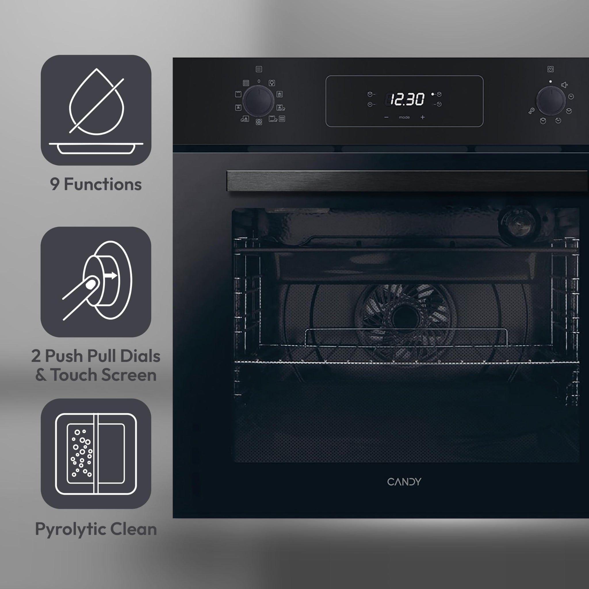 Candy Idea FCM955NRL-C, forno multifunzione 60cm, classe energetica A, pulizia pirolitica, pulizia a vapore, 9 funzioni, capacità 70 l, programmatore LED - nero, 59,5 x 59,5 x 56,8 cm