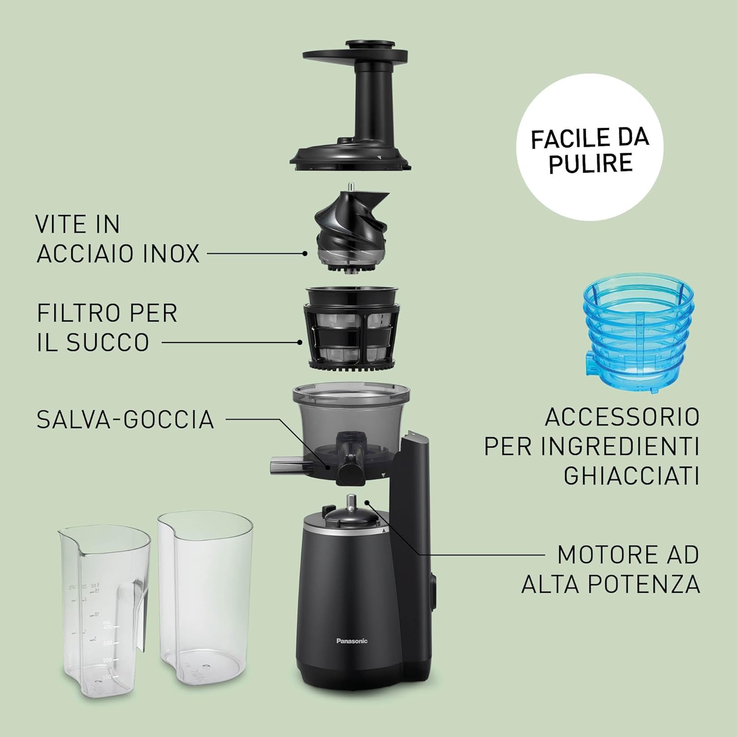 Panasonic Slow Juicer MJ-L501KXE, Estrattore Elettrico per Frutta e Verdura, 150 W, Acciaio Inox e Plastica, Design Elegante e Sottile, Accessorio per Ingredienti Surgelati, Nero