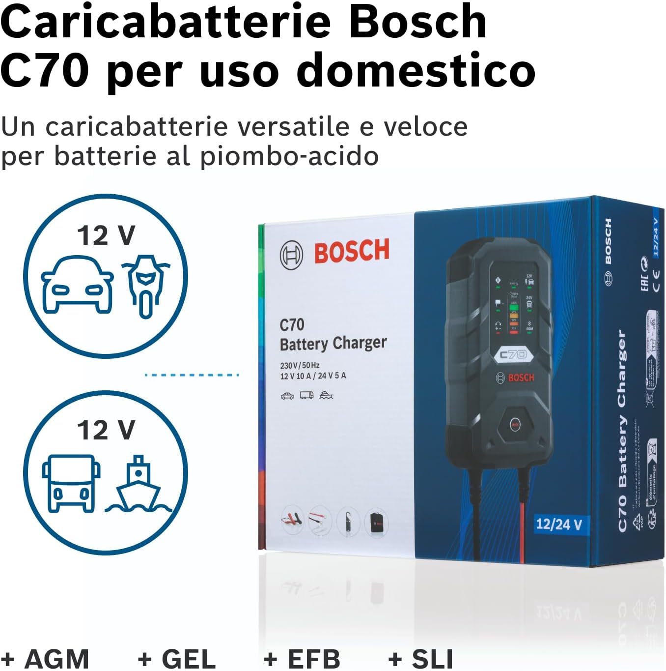 Bosch C70 Caricabatterie per Auto, 12 V - 24 V / 10 A, con Carica di mantenimento - Per batterie al Piombo-Acido, EFB, GEL, AGM e SLI da 12 V / 24 V