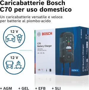Bosch C70 Caricabatterie per Auto, 12 V - 24 V / 10 A, con Carica di mantenimento - Per batterie al Piombo-Acido, EFB, GEL, AGM e SLI da 12 V / 24 V