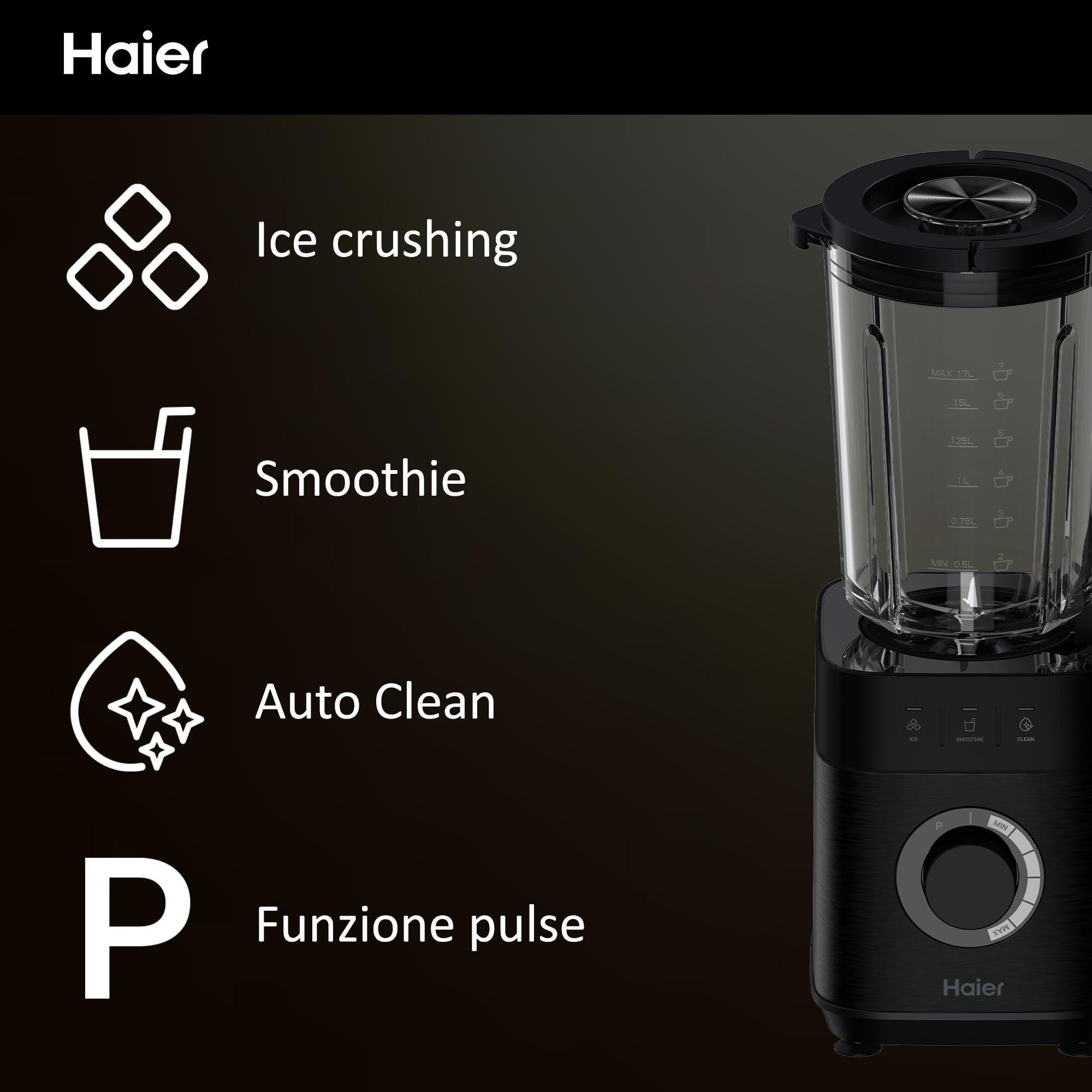 Haier Frullatore I-Master Serie 5, Funzione Ice Crush, Smoothie, 5 velocità variabili, pulizia automatica, caraffa in vetro da 1,7 L, Personal Jug 0,6 1200 W [Nero]