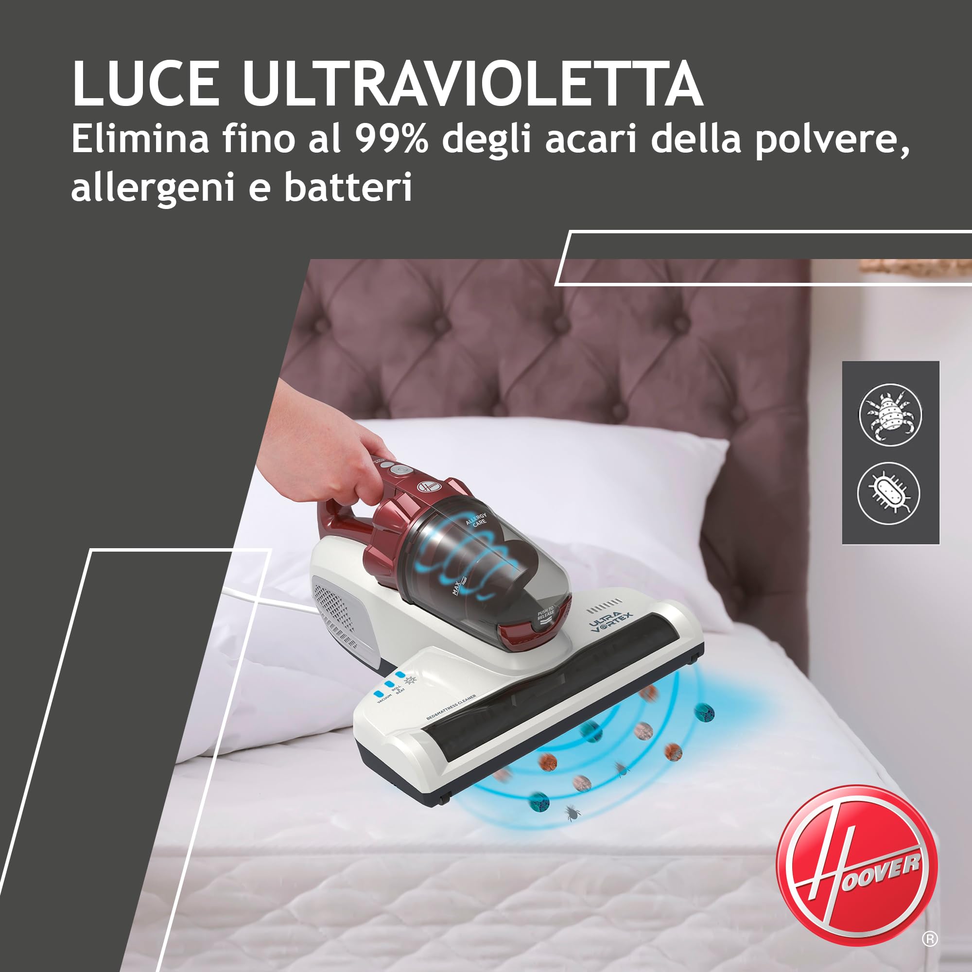 Hoover Ultra Vortex MBC500UV 011 Battimaterasso con Luce UV-C, 500W, 0,3 L, Antiacaro, Antibatterica, Rimuove Allergeni e Polvere, 3 Programmi, Rosso