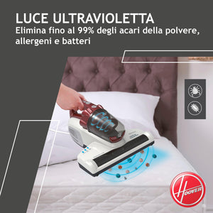 Hoover Ultra Vortex MBC500UV 011 Battimaterasso con Luce UV-C, 500W, 0,3 L, Antiacaro, Antibatterica, Rimuove Allergeni e Polvere, 3 Programmi, Rosso
