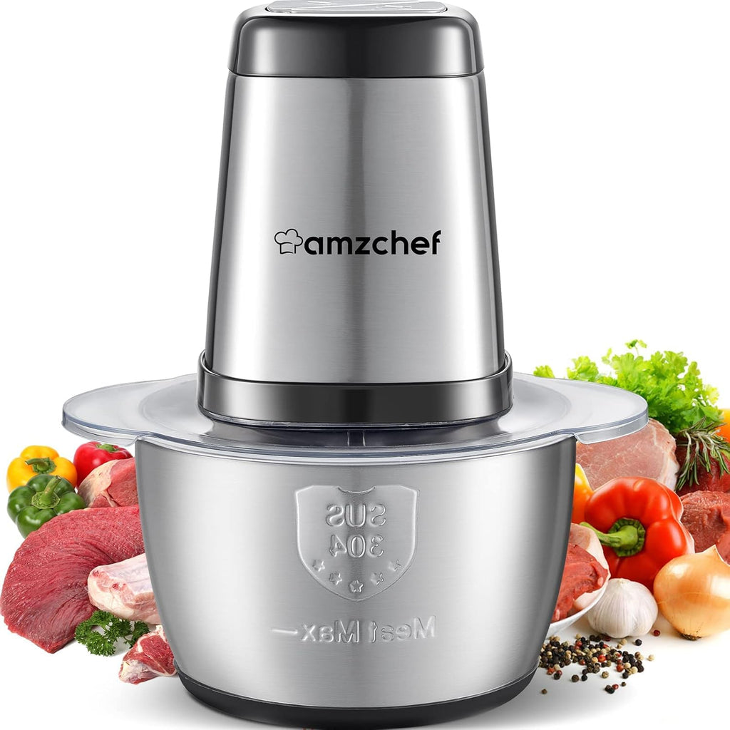 AMZCHEF Tritatutto da Cucina Elettrico, 500W, Mini Tritatutto con Ciotola in Acciaio Inox da 1.5L, 4 Lame Affilate, Multifunzione Tritatutto per Frutta Verdura Carne Spezie