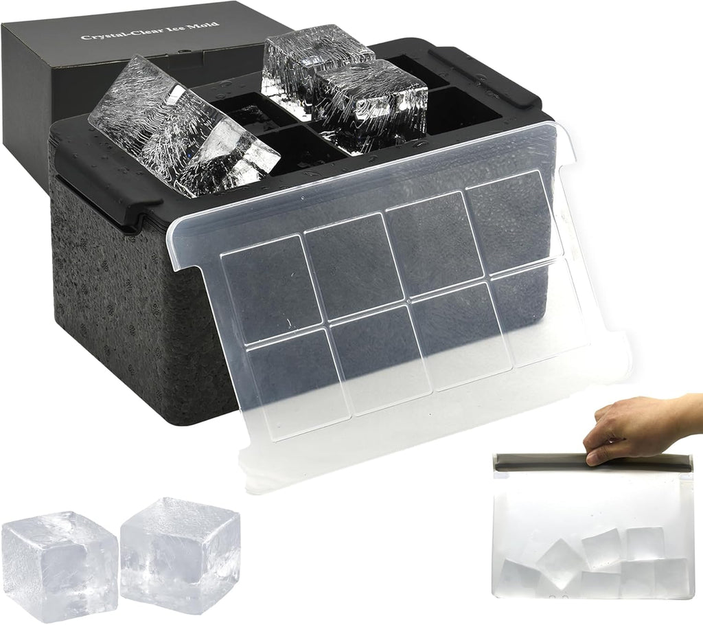 Stampi per cubetti di ghiaccio cristallini - Set gigante per macchina crea cubetti di ghiaccio da 5,8 cm, 8 grandi cubetti di ghiaccio trasparenti per whisky e cocktail con custodia