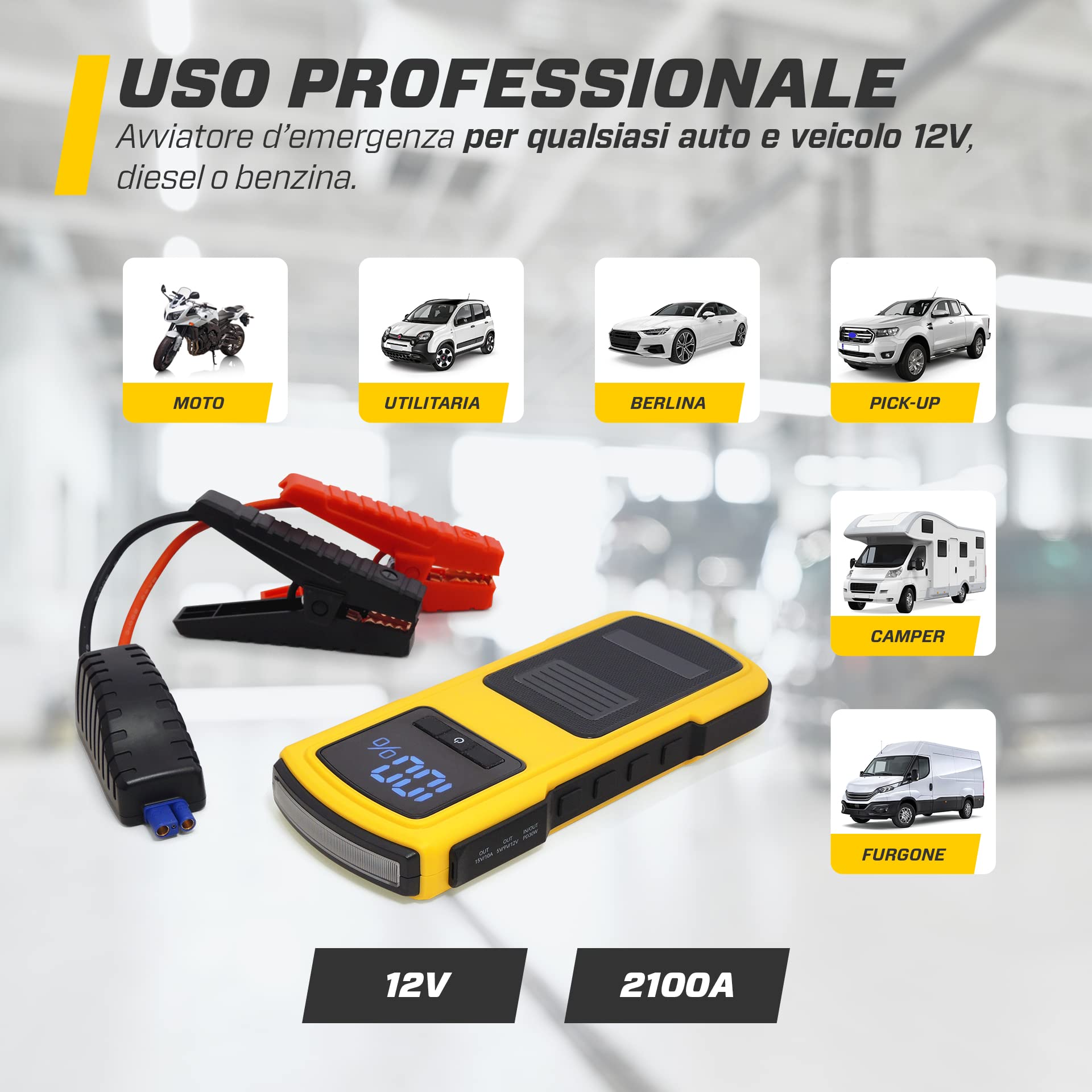 MAXTOOLS JSL400 Avviamento d’Emergenza Professionale per Automobile 2400 A per Veicoli Diesel e a Benzina di Grandi Dimensioni, Potente e Sicuro a 12 V, Batteria al Litio Esterna con USB