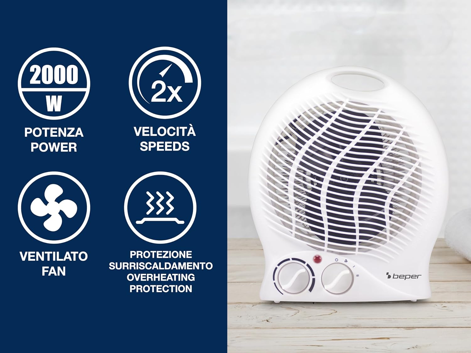 BEPER P203TER201 Termoventilatore da Bagno con Termostato Regolabile - Scaldino Elettrico Bagno Basso Consumo, 2000W