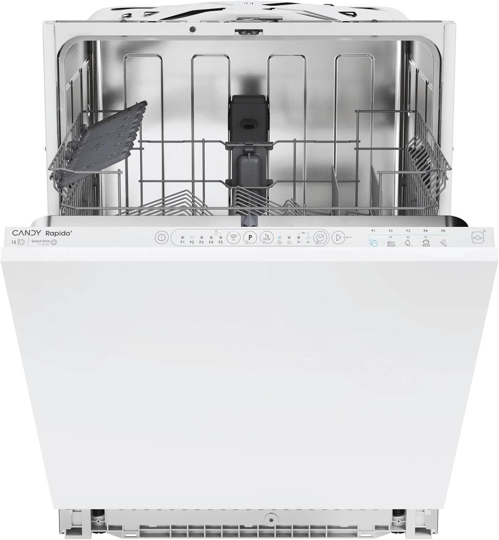 Candy Rapidò CI 3E7L0W, Lavastoviglie Integrabile 60 CM, 13 Servizi, Wi-Fi, 5 programmi, speciale 49', mezza carica, indicatore tempo e sale, 43DB, altezza cestello superiore regolabile, colore bianco
