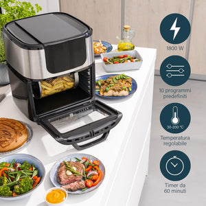 Princess Friggitrice ad Aria Forno Deluxe – 11 L – 1800 W – Schermo tattile digitale – 10 programmi preimpostati – Girapollo e cestello inclusi – Acciaio inossidabile – 182075