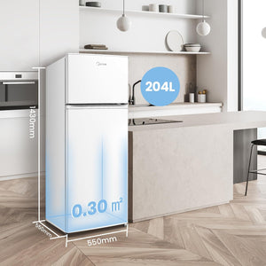 Midea MERT210FGE01 Frigorifero doppia porta 204 L, frigorifero combinato, 176kWh/annum, controllo della temperatura regolabile, Luce LED, Bianco