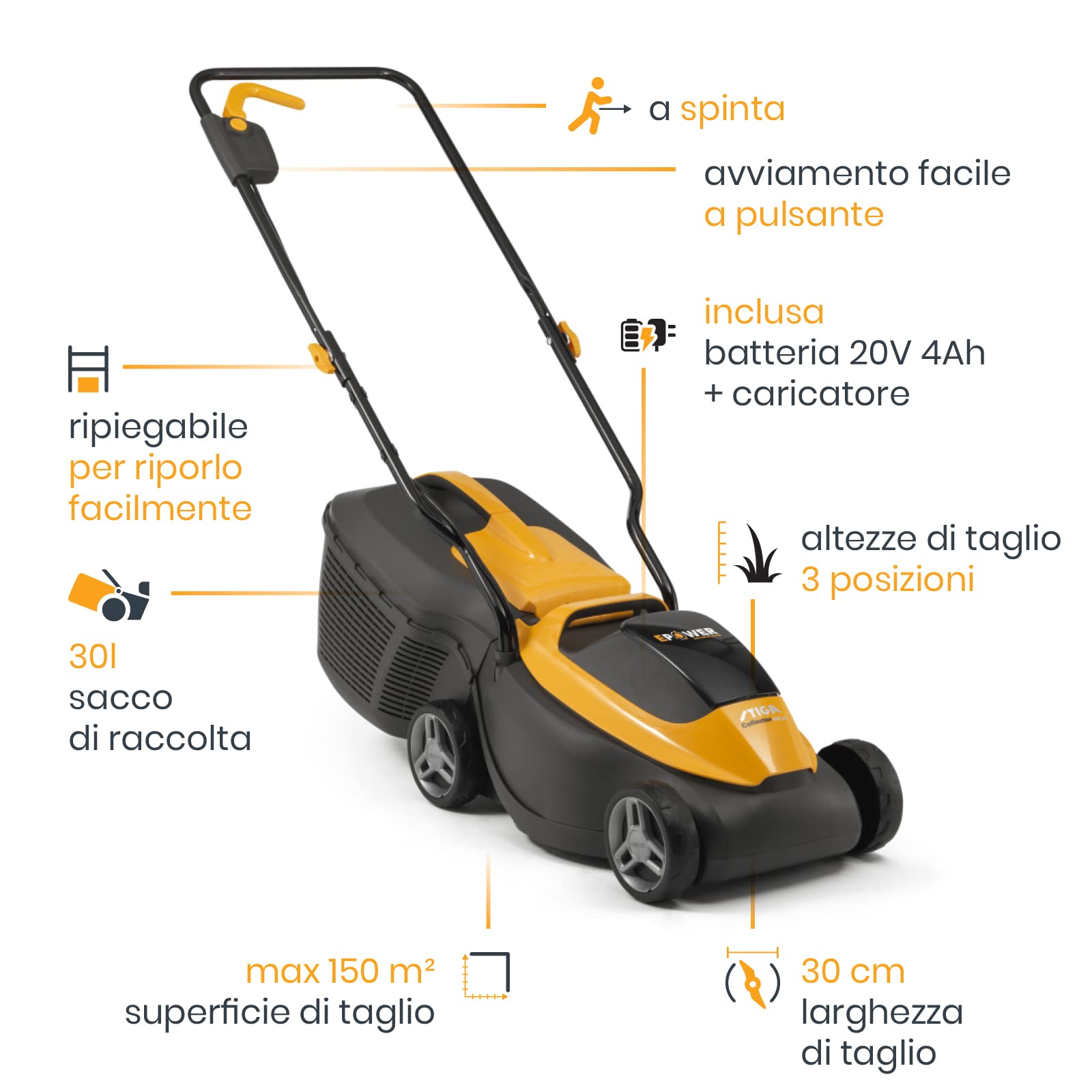 Stiga Tagliaerba a Batteria Collector 136e Kit, Per Giardini Fino a 250 m², Larghezza Taglio 34 cm, Batteria ePower da 20 V (2 x 2 Ah), 550 W, 2 Batterie e Caricatore Inclusi, giallo