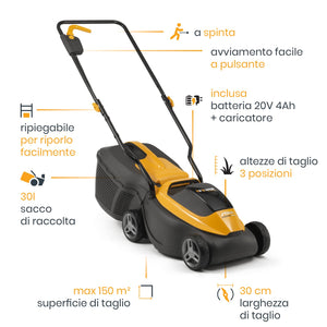 Stiga Tagliaerba a Batteria Collector 136e Kit, Per Giardini Fino a 250 m², Larghezza Taglio 34 cm, Batteria ePower da 20 V (2 x 2 Ah), 550 W, 2 Batterie e Caricatore Inclusi, giallo