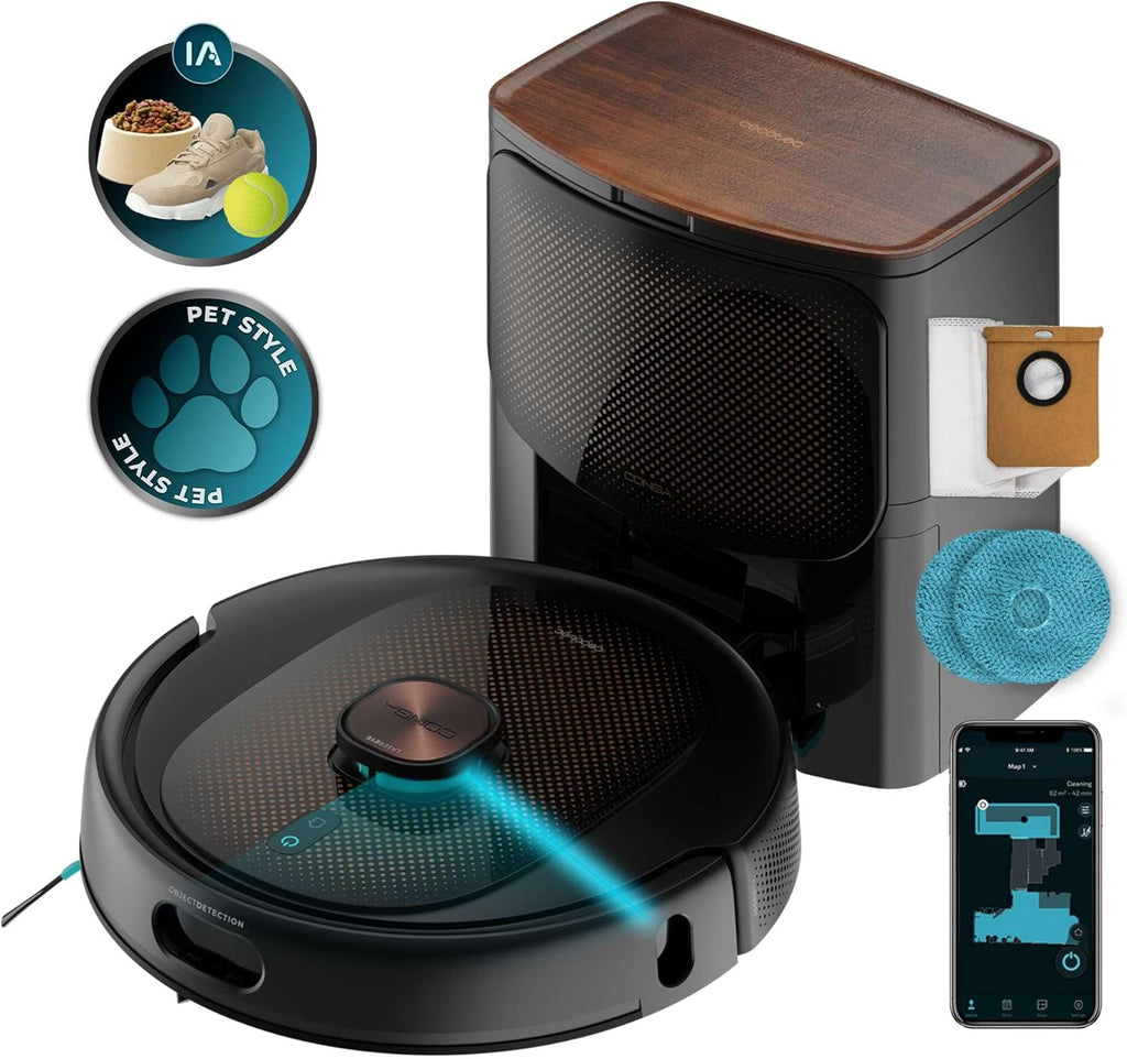 Cecotec Robot Aspirapolvere Conga 9590 Spin Revolution Ultra Power Home.Navigazione Laser, Intelligenza Artificiale, 10.000Pa, Massimo 240min Autonomia, Mopas Rotanti, Spazzola Silicone per Animali