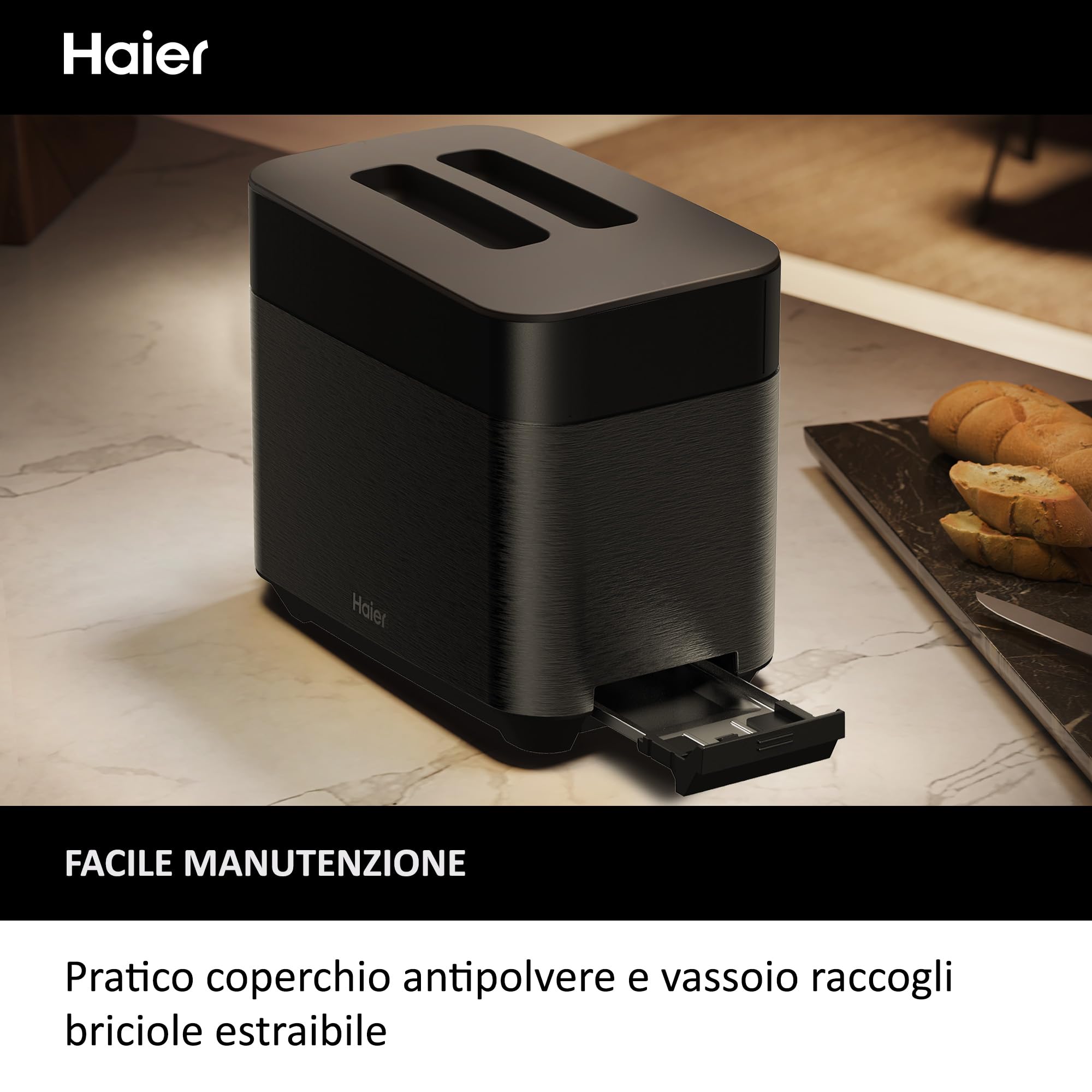 Tostapane I-Master Serie 5 Haier, Acciaio Inossidabile, 2 Fessure Profonde, Leva High Lift, Programmi Dedicati, 1150 W [Nero]