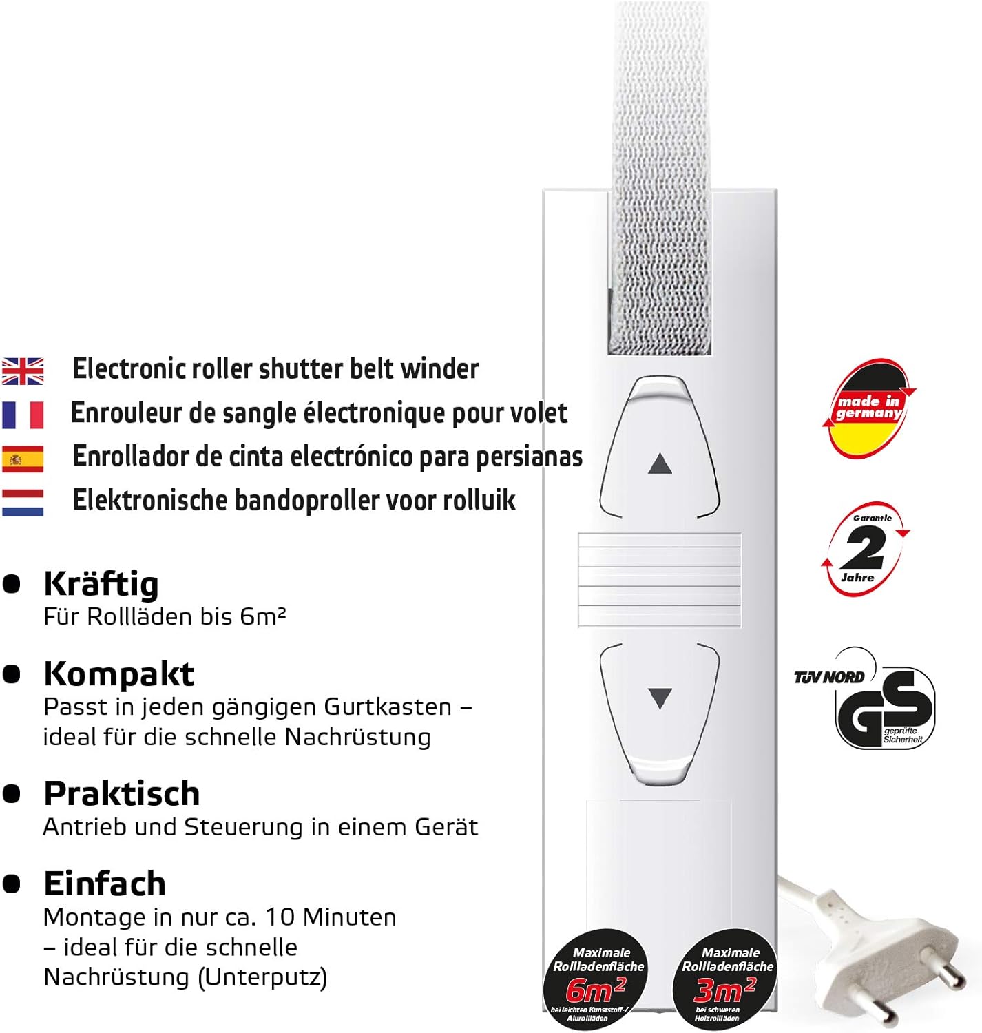Superrollo GW190 avvolgitore elettrico a incasso per cassetta della cinghia, azionamento per tapparelle fino 45 kg (circa 6 m²), per cinghia da 23 mm
