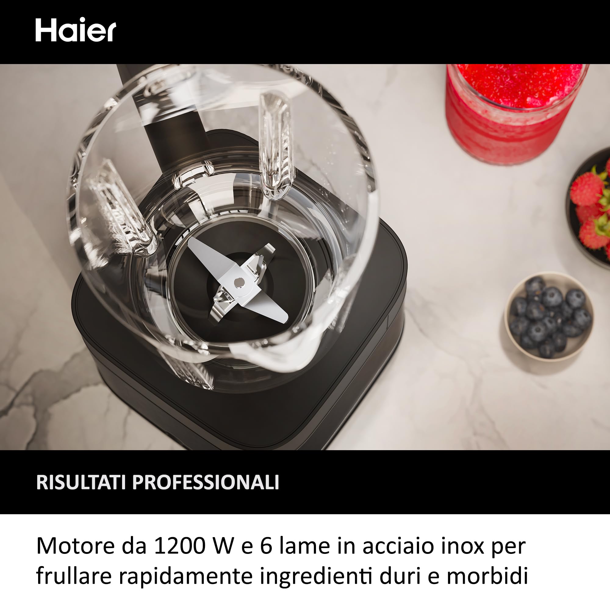Haier Frullatore I-Master Serie 5, Funzione Ice Crush, Smoothie, 5 velocità variabili, pulizia automatica, caraffa in vetro da 1,7 L, Personal Jug 0,6 1200 W [Nero]